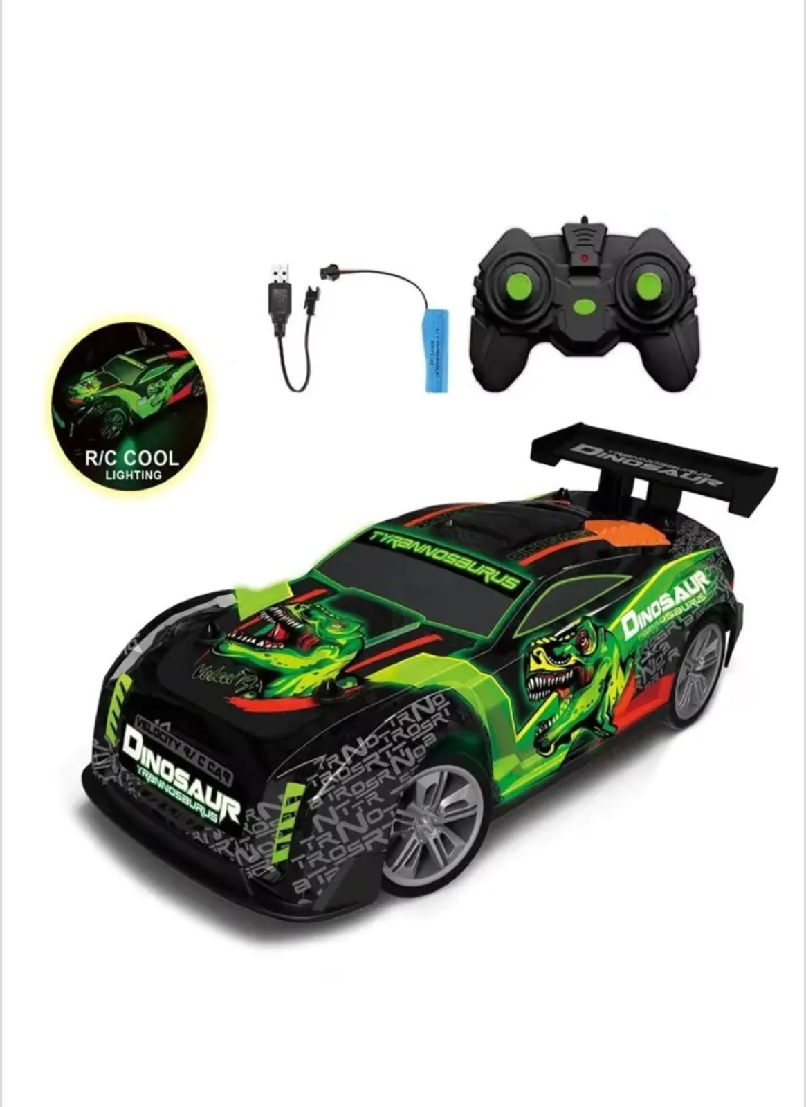 Спортна кола 1:16 "Динозавър" с РК и светлини (на батерии) Зелен