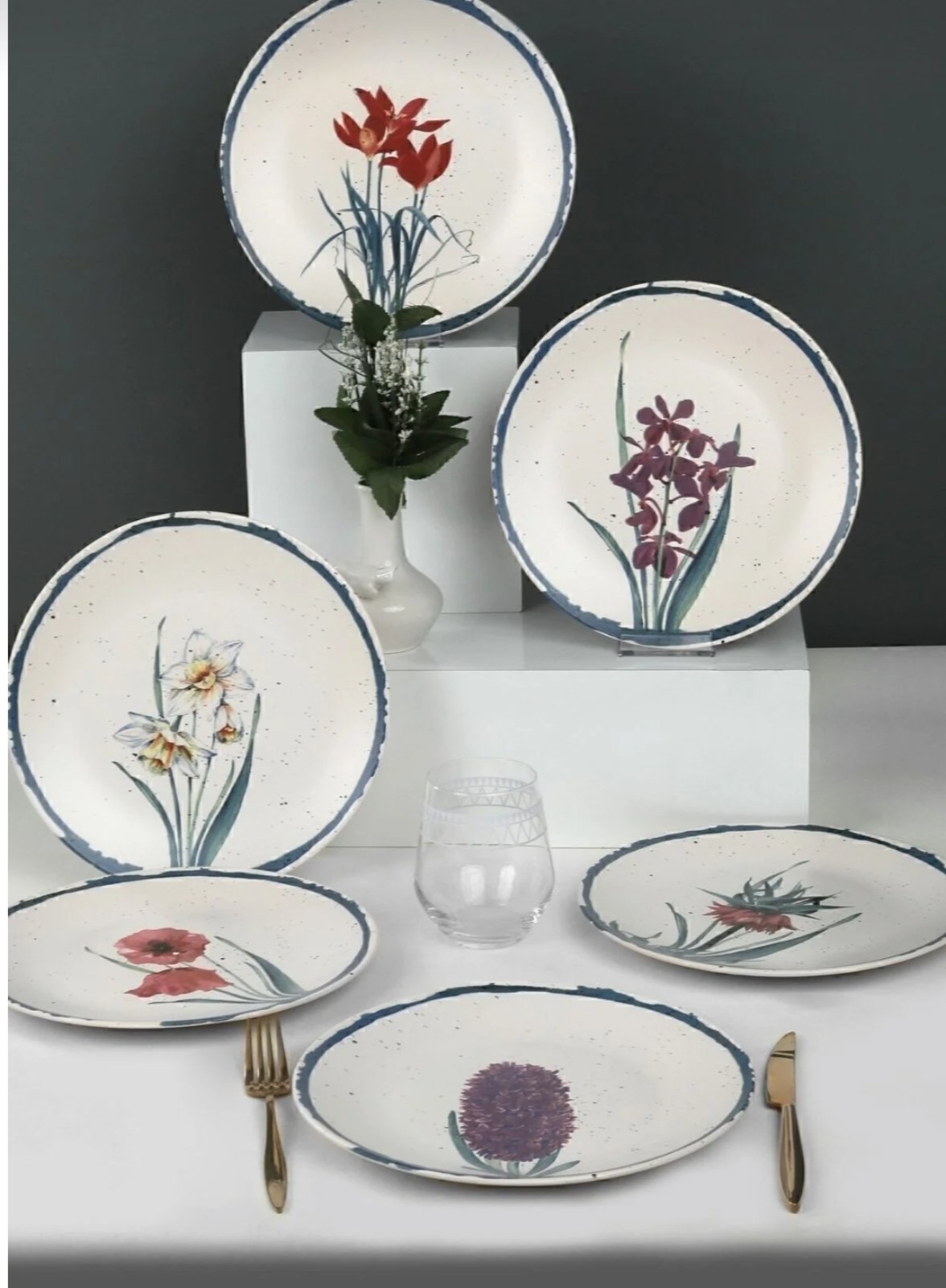 Сет от 6 бр чиний с анадолски дизайн "Цветя със син ринг"