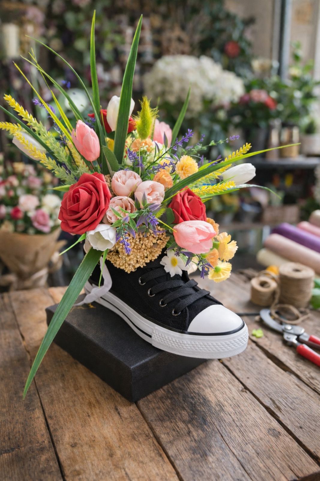 Аранжировката е с реални размери на обувката - черна обувка