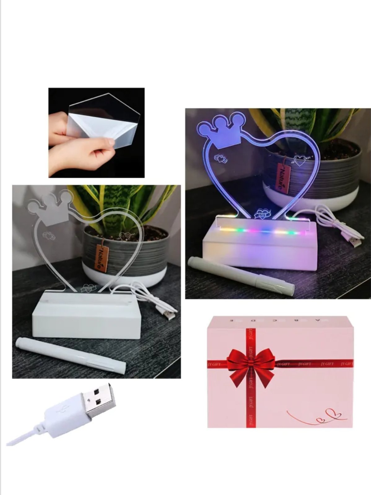 Интериорна 3D - LED настолна лампа "Сърце" с бял маркер и USB кабел (пластмаса и плексиглас)