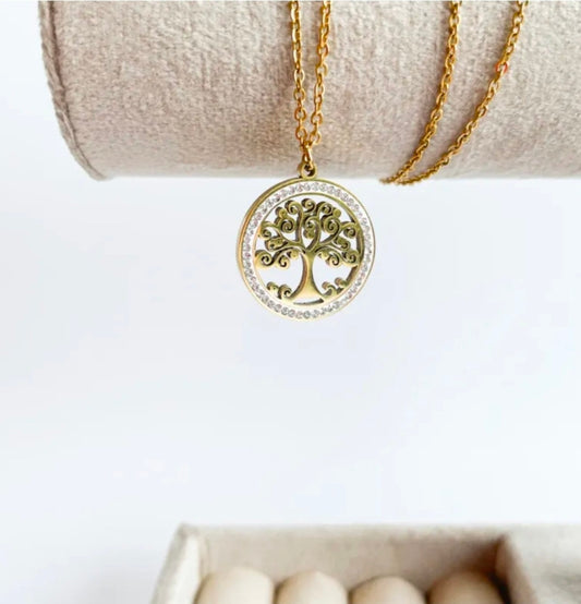 Дамско колие с висулка дървото на живота с камъни от медицинска стомана 316L