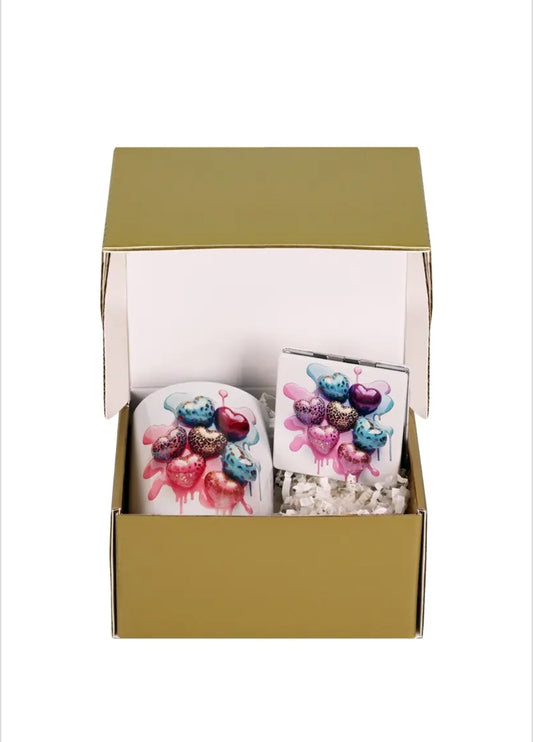 Подаръчен комплект "Честит Празник!" чаша и сгъваемо джобно огледало