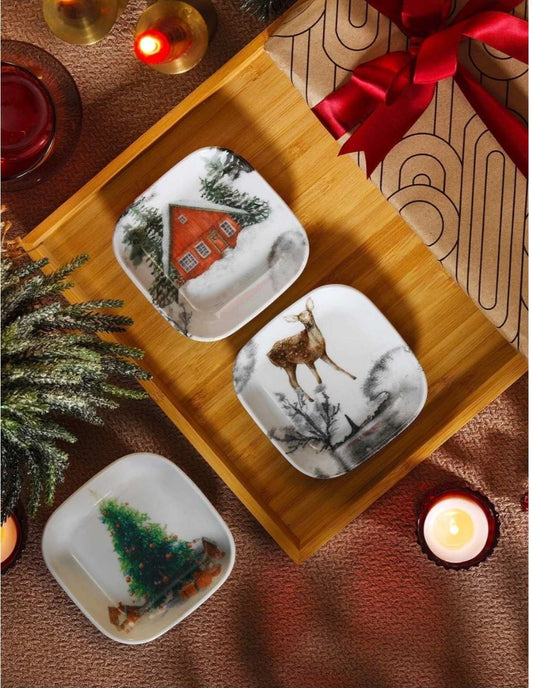Коледни комплект от 3 порцеланови чинии за предястие 10х10 см