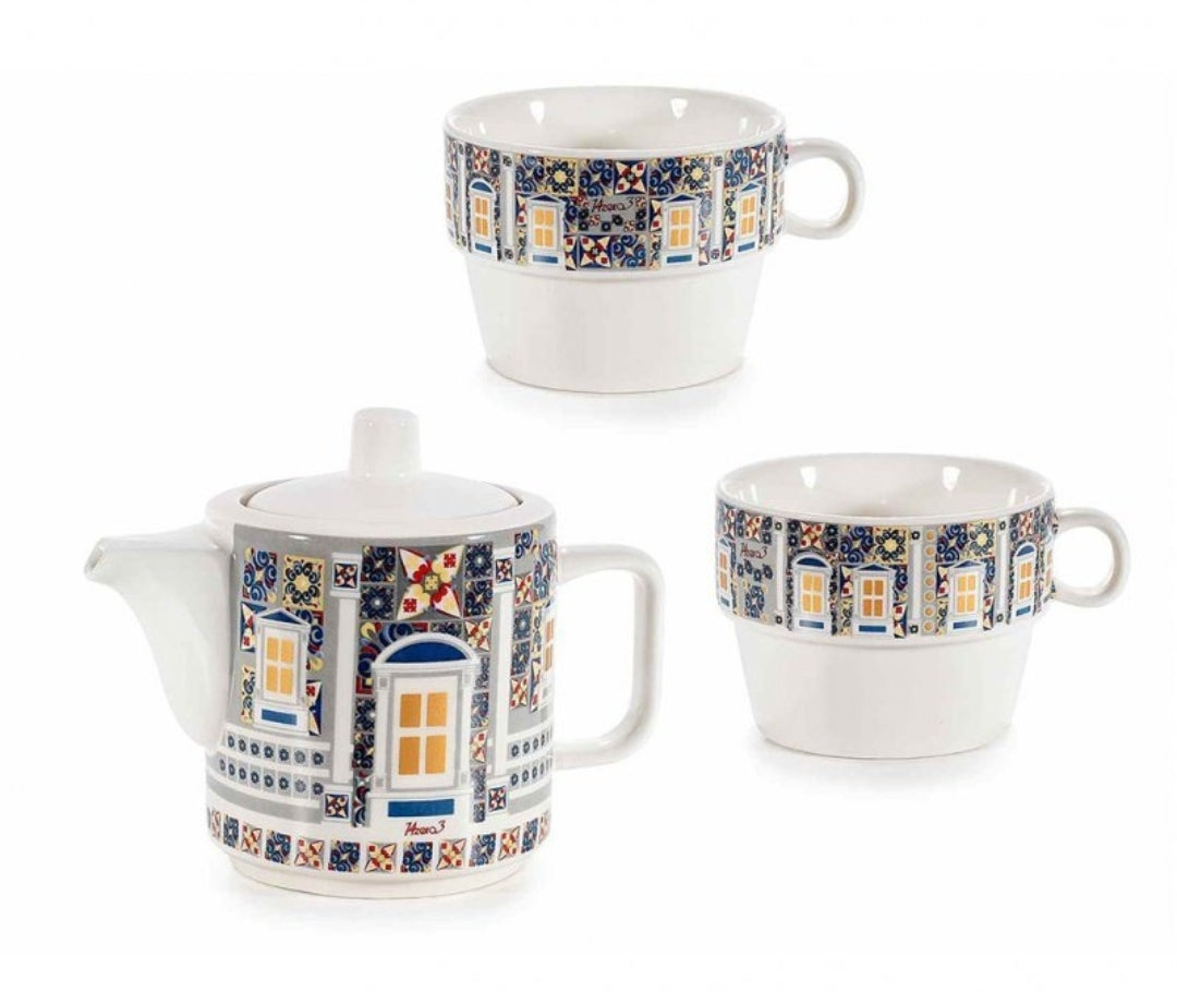 Сет от порцеланов чайник и чаши с италиански декор в красива подаръчна опаковка