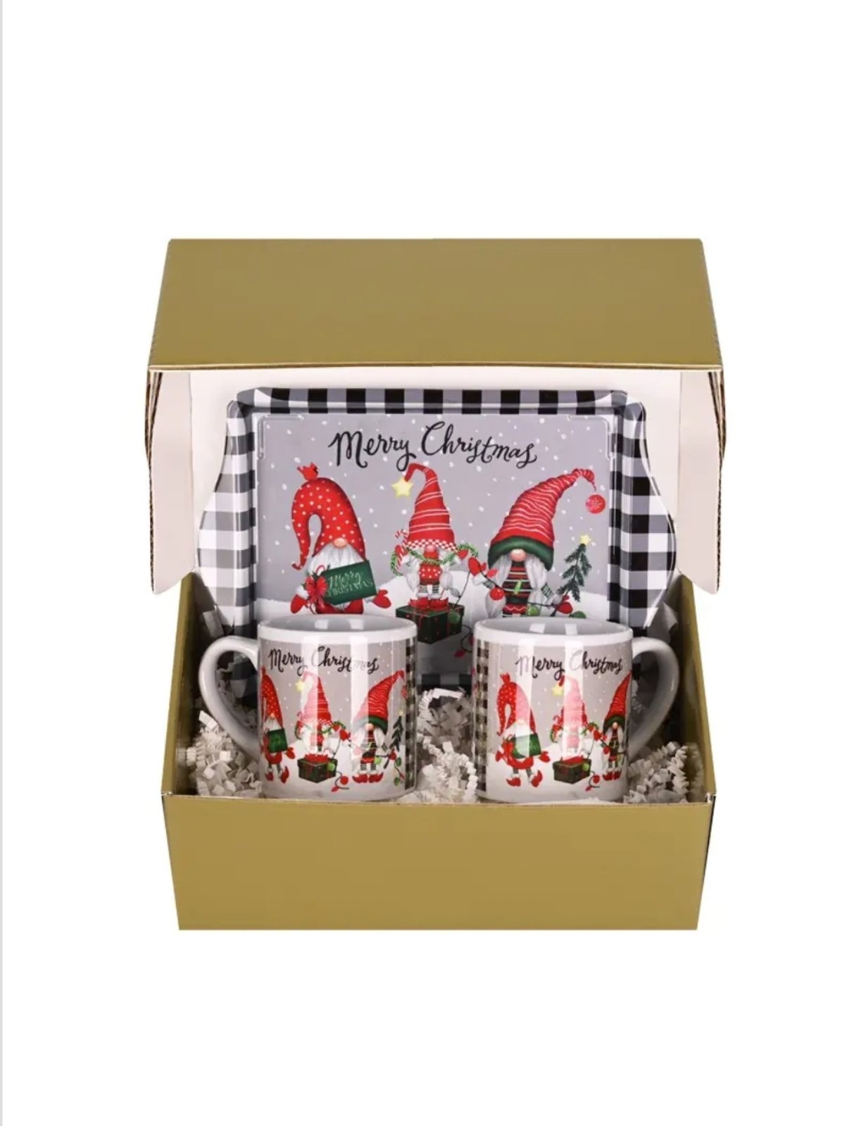 Подаръчен комплект "Merry Christmas с  коледни гномчета" с две чаши за кафе и метална табла с коледни мотиви