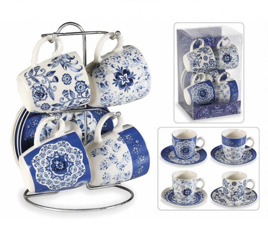 Сет 4 порцеланови чаши за кафе с чинийки и метална стойка в италиански декор