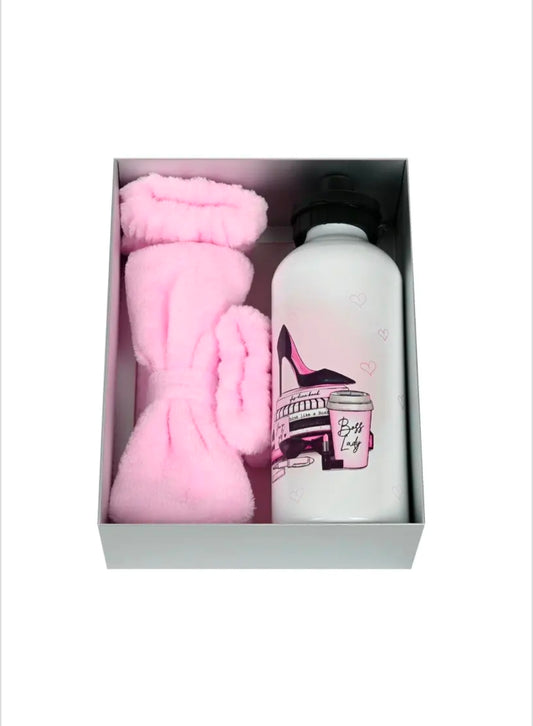 Подаръчен комплект метална бутилка и комплетк за спа - лента за глава и две ленти за китки