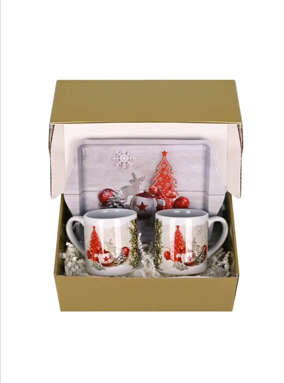 Подаръчен комплект "Весели празници с коледни мотиви" с две чаши за кафе и метална табла.