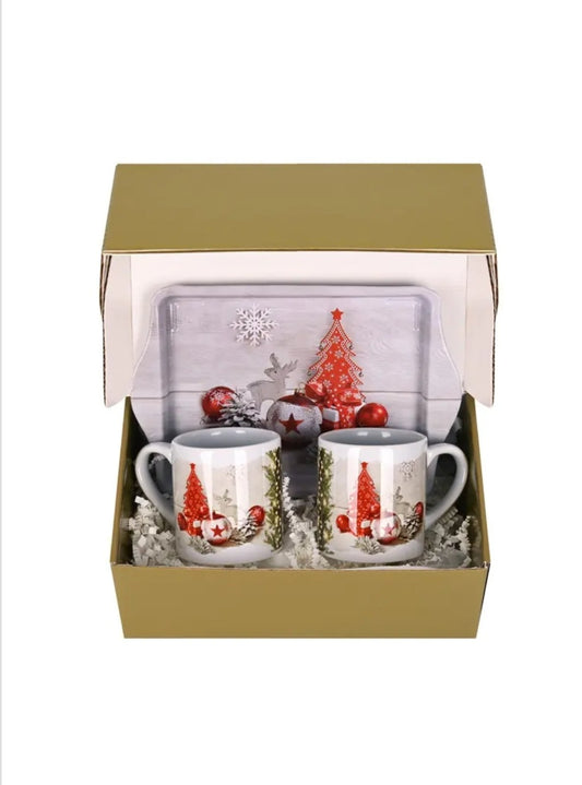 Подаръчен комплект "Весели празници с коледни мотиви" с две чаши за кафе и метална табла.