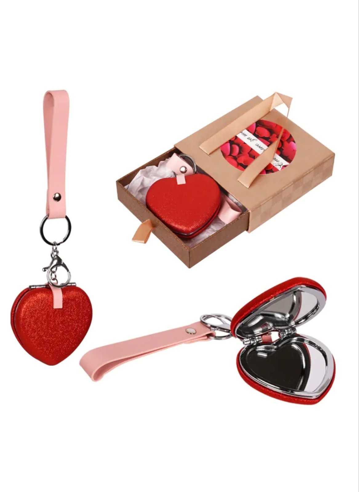 Луксозен ключодържател - огледало "Сърце" с кожена дръжка в подаръчна кутия