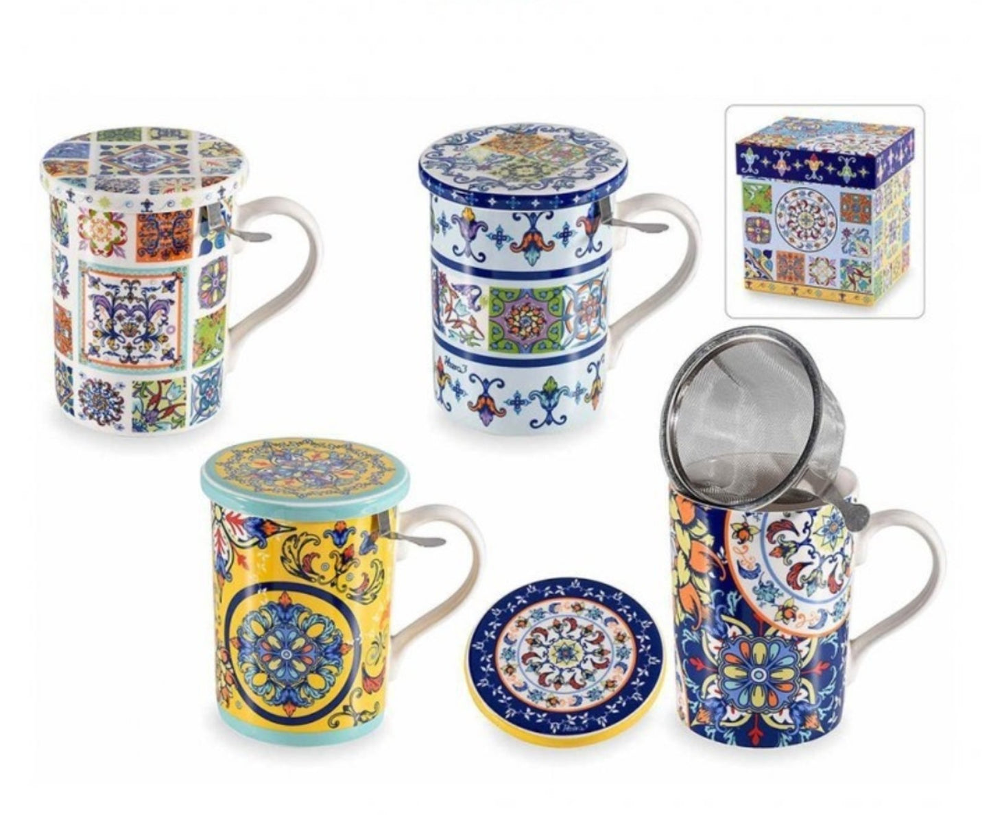 Порцеланова чаша за чай с капак и цедка в подаръчна кутия - италиански декор