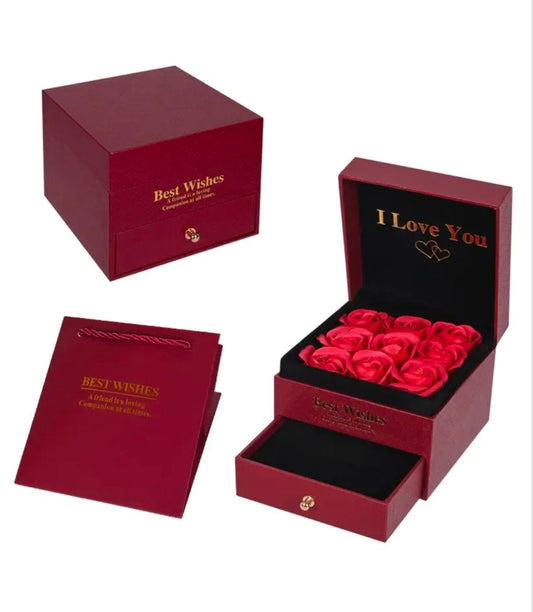 Подаръчна кутия за бижута в бордо с 9 сапунени рози и подаръчна торбичка
