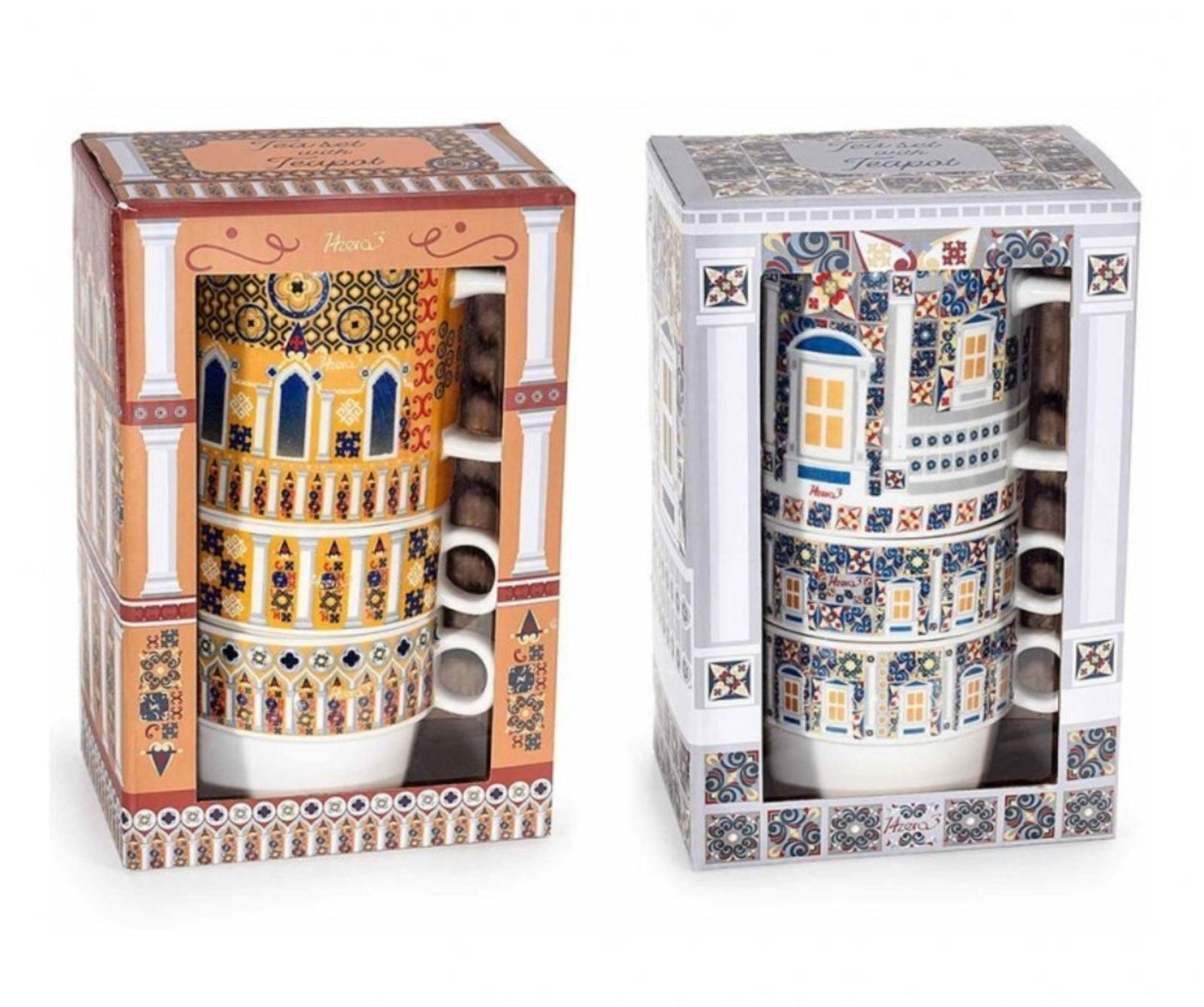 Сет от порцеланов чайник и чаши с италиански декор в красива подаръчна опаковка